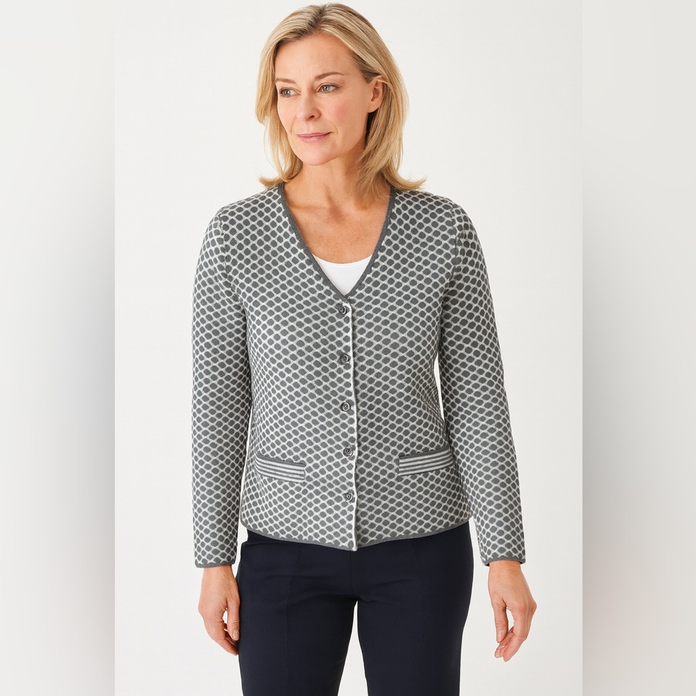 Peter Hahn Grey Honeycomb Knit Cardigan Size DE 42/GB 16 Elegant Button Front